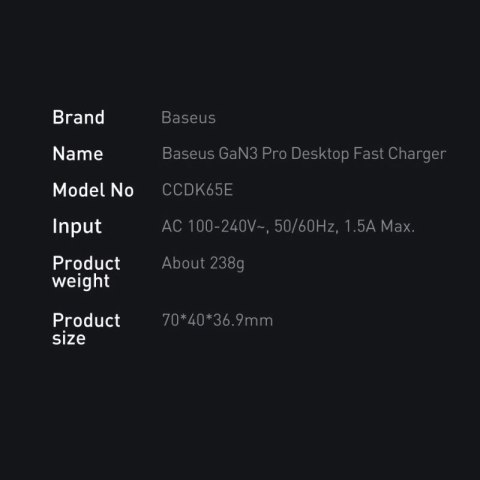 Baseus GaN3 Pro szybka ładowarka sieciowa GaN 2 x USB Typ C / 2 x USB 65W PD, QC4.0+, AFC, PPS + kabel USB Typ C - USB Typ C 1m  Baseus