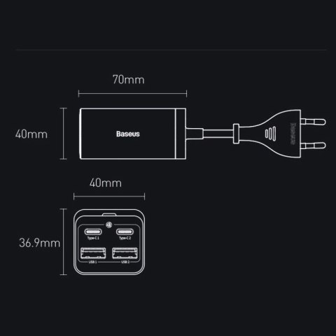 Baseus GaN3 Pro szybka ładowarka sieciowa GaN 2 x USB Typ C / 2 x USB 65W PD, QC4.0+, AFC, PPS + kabel USB Typ C - USB Typ C 1m  Baseus