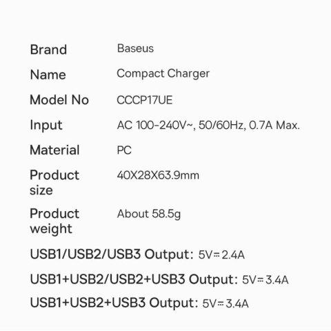 Baseus Compact ładowarka sieciowa 3x USB 17W czarny (CCXJ020101) Baseus