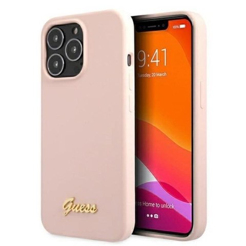 Etui Guess Silicone Script Gold Logo MagSafe na iPhone 13 Pro Max - jasnoróżowe Guess