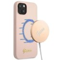 Etui Guess Silicone Script Gold Logo MagSafe na iPhone 13 - jasnoróżowe Guess