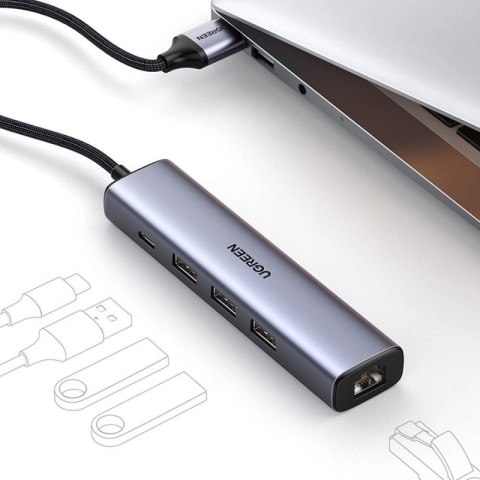 Ugreen wielofunkcyjny adapter HUB USB 3.0 - 3 x USB / Ethernet RJ-45 / USB Typ C PD szary (CM475) UGREEN