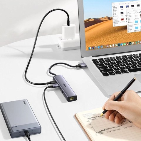 Ugreen wielofunkcyjny adapter HUB USB 3.0 - 3 x USB / Ethernet RJ-45 / USB Typ C PD szary (CM475) UGREEN