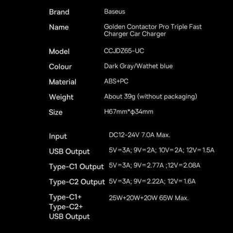 Baseus Golden Contactor Pro ładowarka samochodowa USB-A + 2x USB-C 65W ciemnoszary (CGJP010013) Baseus