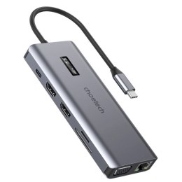 Choetech HUB wielofunkcyjny z wyświetlaczem 12w1 USB-C do 1xUSB-C/4xUSB-A/2xHDMI/1xVGA/1xAUX/czytnik kart pamięci szary (HUB-M26 Choetech