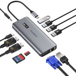 Choetech HUB wielofunkcyjny z wyświetlaczem 12w1 USB-C do 1xUSB-C/4xUSB-A/2xHDMI/1xVGA/1xAUX/czytnik kart pamięci szary (HUB-M26 Choetech