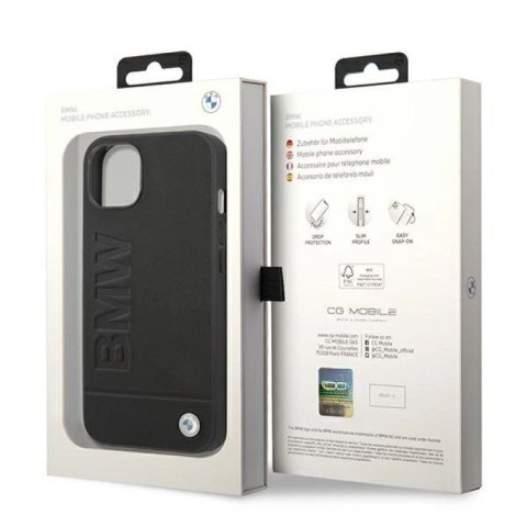 Etui BMW Leather Stamp na iPhone 14 Plus - czarne BMW