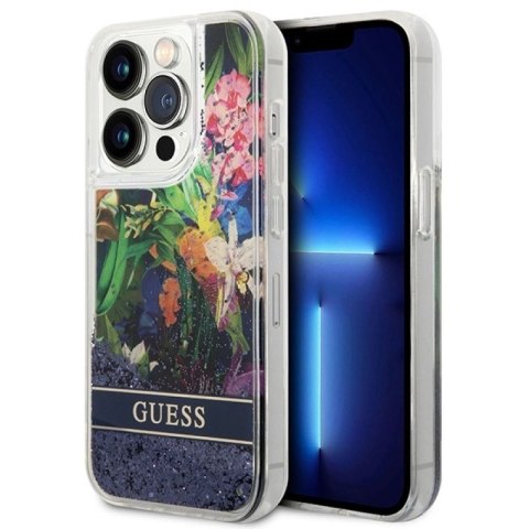 Etui Guess Flower Liquid Glitter na iPhone 14 Pro - niebieskie Guess