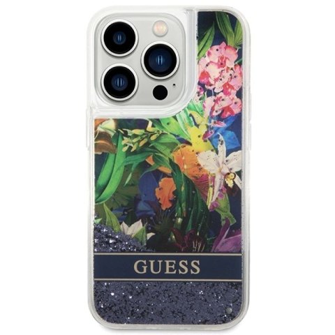 Etui Guess Flower Liquid Glitter na iPhone 14 Pro - niebieskie Guess