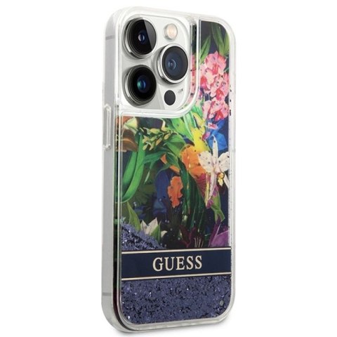 Etui Guess Flower Liquid Glitter na iPhone 14 Pro - niebieskie Guess