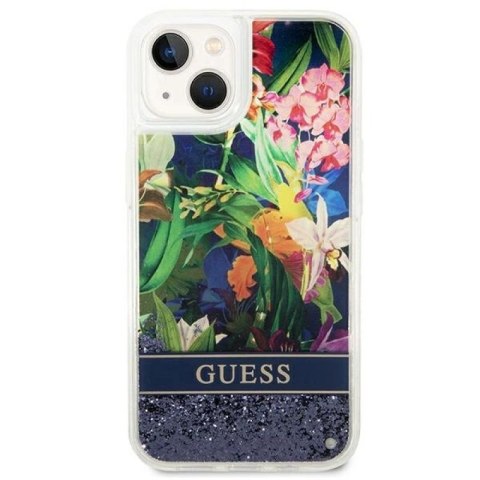 Etui Guess Flower Liquid Glitter na iPhone 14 Plus - niebieskie Guess