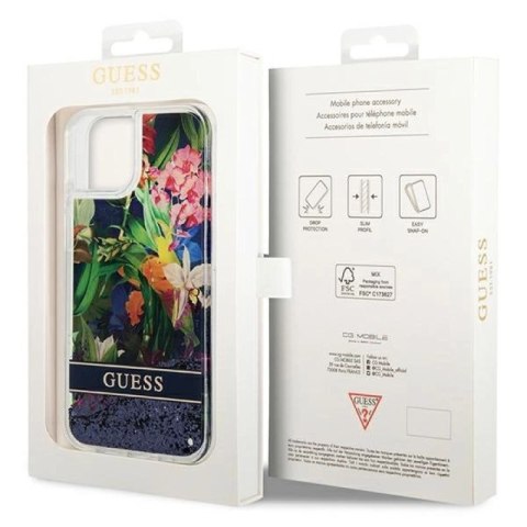 Etui Guess Flower Liquid Glitter na iPhone 14 Plus - niebieskie Guess