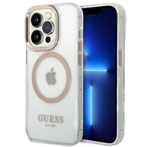 Etui Guess Metal Outline MagSafe na iPhone 14 Pro - złote Guess