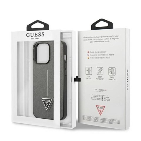 Etui Guess Saffiano Triangle Logo na iPhone 14 Pro Max - srebrne Guess