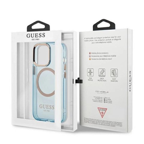 Etui Guess Gold Outline Translucent MagSafe na iPhone 13 Pro / iPhone 13 - niebieskie Guess