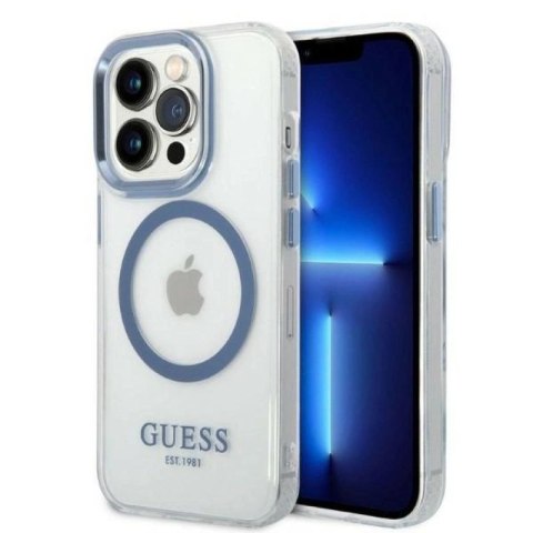 Etui Guess Metal Outline MagSafe na iPhone 14 Pro - niebieskie Guess