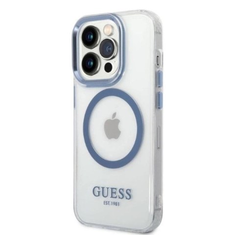 Etui Guess Metal Outline MagSafe na iPhone 14 Pro - niebieskie Guess