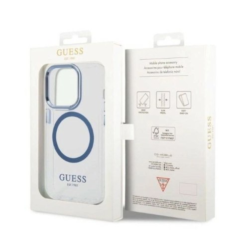 Etui Guess Metal Outline MagSafe na iPhone 14 Pro - niebieskie Guess