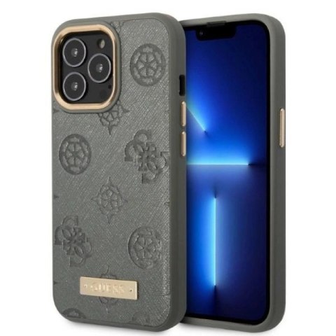Etui Guess Peony Logo Plate MagSafe na iPhone 13 Pro Max - szare Guess