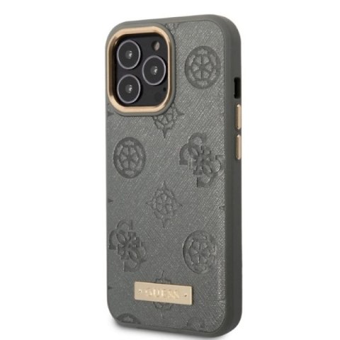 Etui Guess Peony Logo Plate MagSafe na iPhone 13 Pro / iPhone 13 - szare Guess