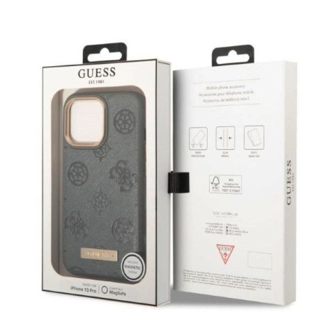Etui Guess Peony Logo Plate MagSafe na iPhone 13 Pro / iPhone 13 - szare Guess