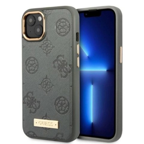 Etui Guess Peony Logo Plate MagSafe na iPhone 13 - szare Guess