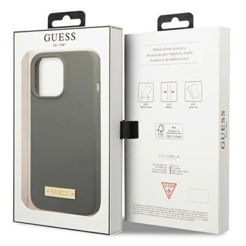 Etui Guess Silicone Logo Plate MagSafe na iPhone 13 Pro / iPhone 13 - szare Guess