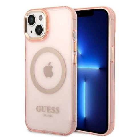 Etui Guess Gold Outline Translucent MagSafe na iPhone 14 Plus - różowe Guess