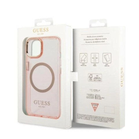 Etui Guess Gold Outline Translucent MagSafe na iPhone 14 Plus - różowe Guess