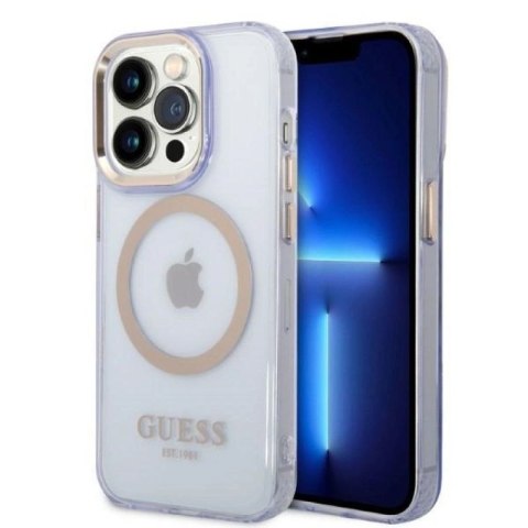 Etui Guess Gold Outline Translucent MagSafe na iPhone 14 Pro Max 6,7" - purpurowe Guess