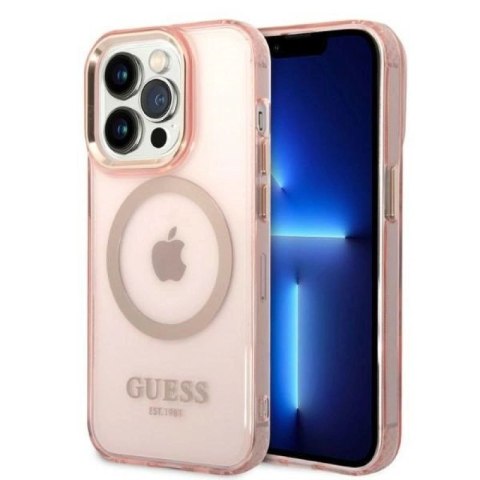 Etui Guess Gold Outline Translucent MagSafe na iPhone 14 Pro - różowe Guess