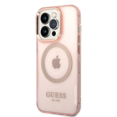 Etui Guess Gold Outline Translucent MagSafe na iPhone 14 Pro - różowe Guess