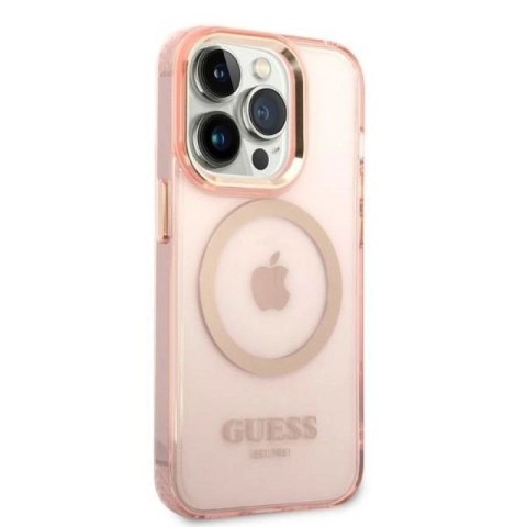Etui Guess Gold Outline Translucent MagSafe na iPhone 14 Pro - różowe Guess