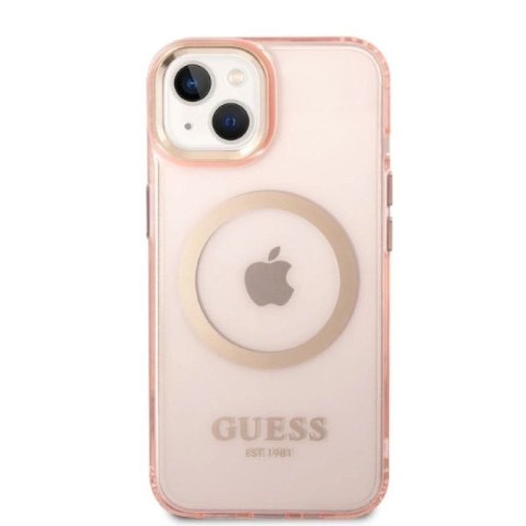 Etui Guess Gold Outline Translucent MagSafe na iPhone 14 - różowe Guess