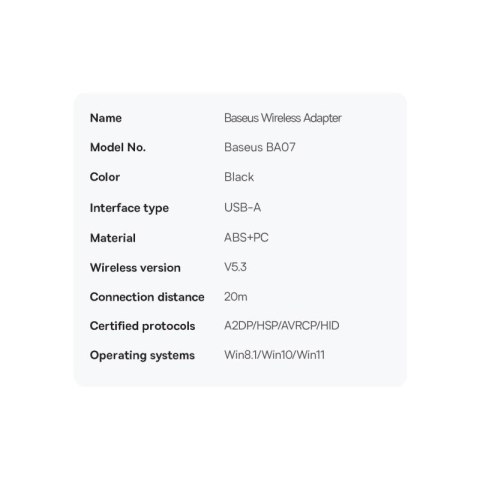 Adapter Bluetooth USB Baseus BA07 - czarny Baseus