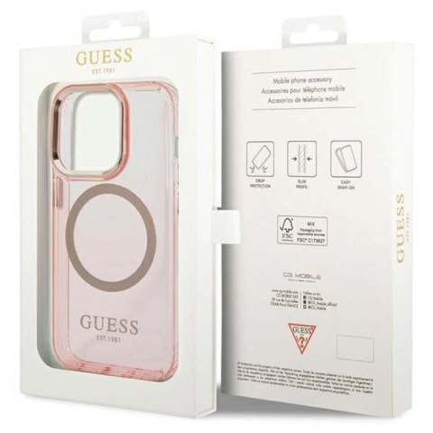 Etui Guess Gold Outline Translucent MagSafe na iPhone 14 Pro Max - różowe Guess