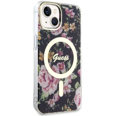 Etui Guess Flower MagSafe na iPhone 14 Plus - czarne Guess