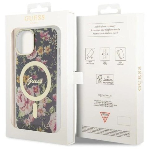 Etui Guess Flower MagSafe na iPhone 14 Plus - czarne Guess