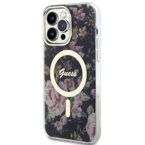 Etui Guess Flower MagSafe na iPhone 14 Pro Max - czarne Guess