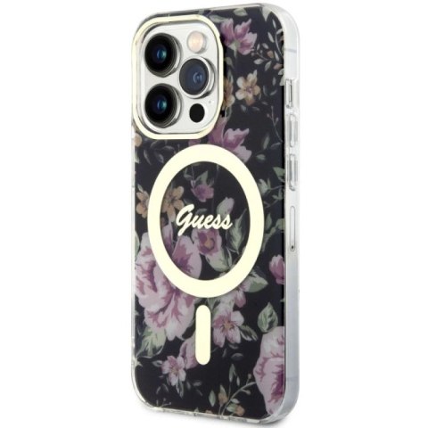 Etui Guess Flower MagSafe na iPhone 14 Pro - czarne Guess