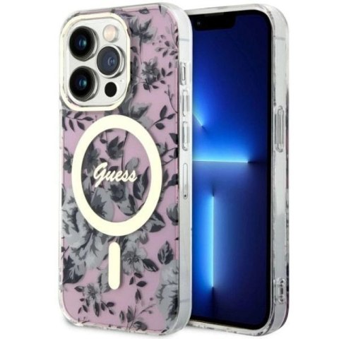 Etui Guess Flower MagSafe na iPhone 14 Pro - różowe Guess