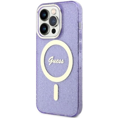 Etui Guess Glitter Gold MagSafe na iPhone 14 Pro - purpurowe Guess