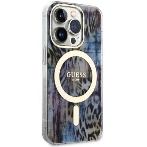 Etui Guess Leopard MagSafe na iPhone 14 Pro - niebieskie Guess