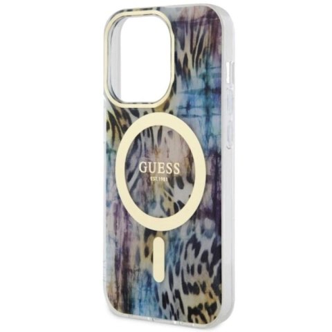 Etui Guess Leopard MagSafe na iPhone 14 Pro - niebieskie Guess
