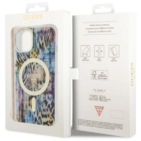 Etui Guess Leopard MagSafe na iPhone 14 - niebieskie Guess