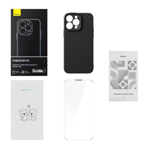 Pancerne etui iPhone 14 Pro kompatybilne z MagSafe szkło hartowane Baseus Synthetic Fiber - czarne Baseus