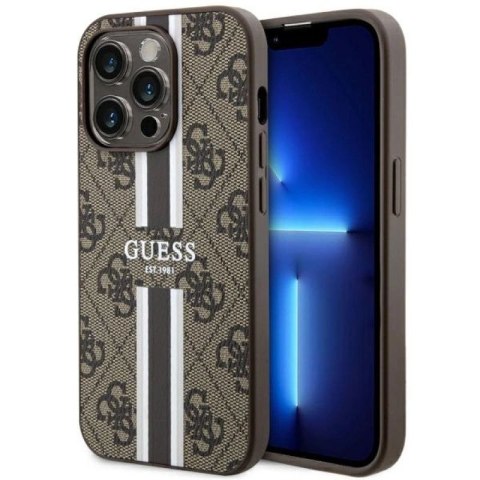 Etui Guess 4G Printed Stripes MagSafe na iPhone 14 Pro - brązowe Guess