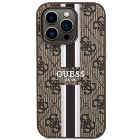 Etui Guess 4G Printed Stripes MagSafe na iPhone 14 Pro - brązowe Guess