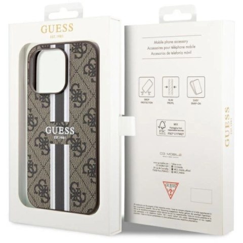 Etui Guess 4G Printed Stripes MagSafe na iPhone 14 Pro - brązowe Guess