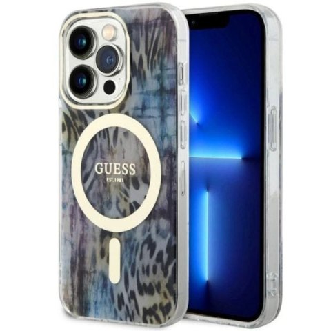Etui Guess Leopard MagSafe na iPhone 14 Pro Max - niebieskie Guess
